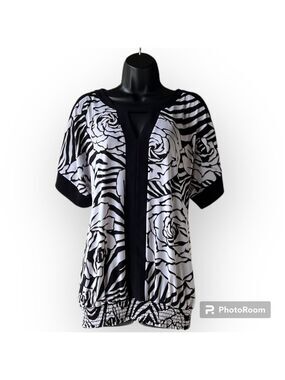 Joseph RIBKOFF White & Black Rose Print Cold Shoulder Blouse Size 8